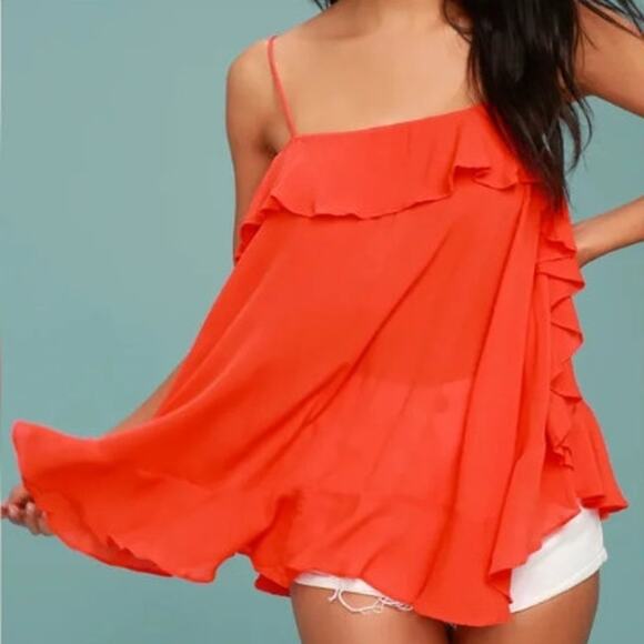 New NWT Free People OB637353 Cascades Cami Ruffle Spaghetti Strap Fire Orange - Picture 4 of 11